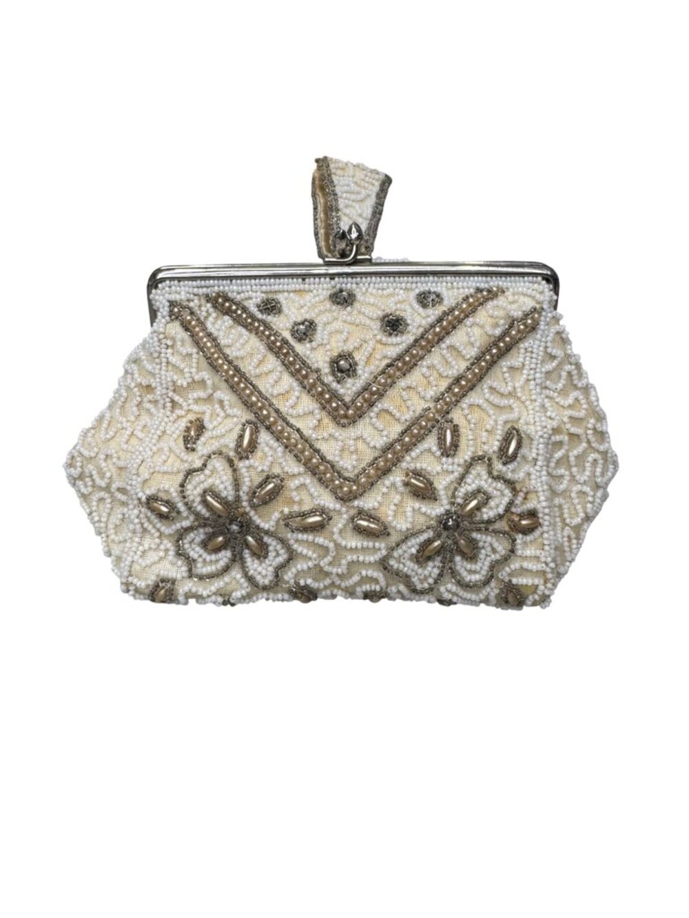 Vintage Handmade Beaded Belgium Kisslock Ivory Floral Clutch Purse Satin Lining